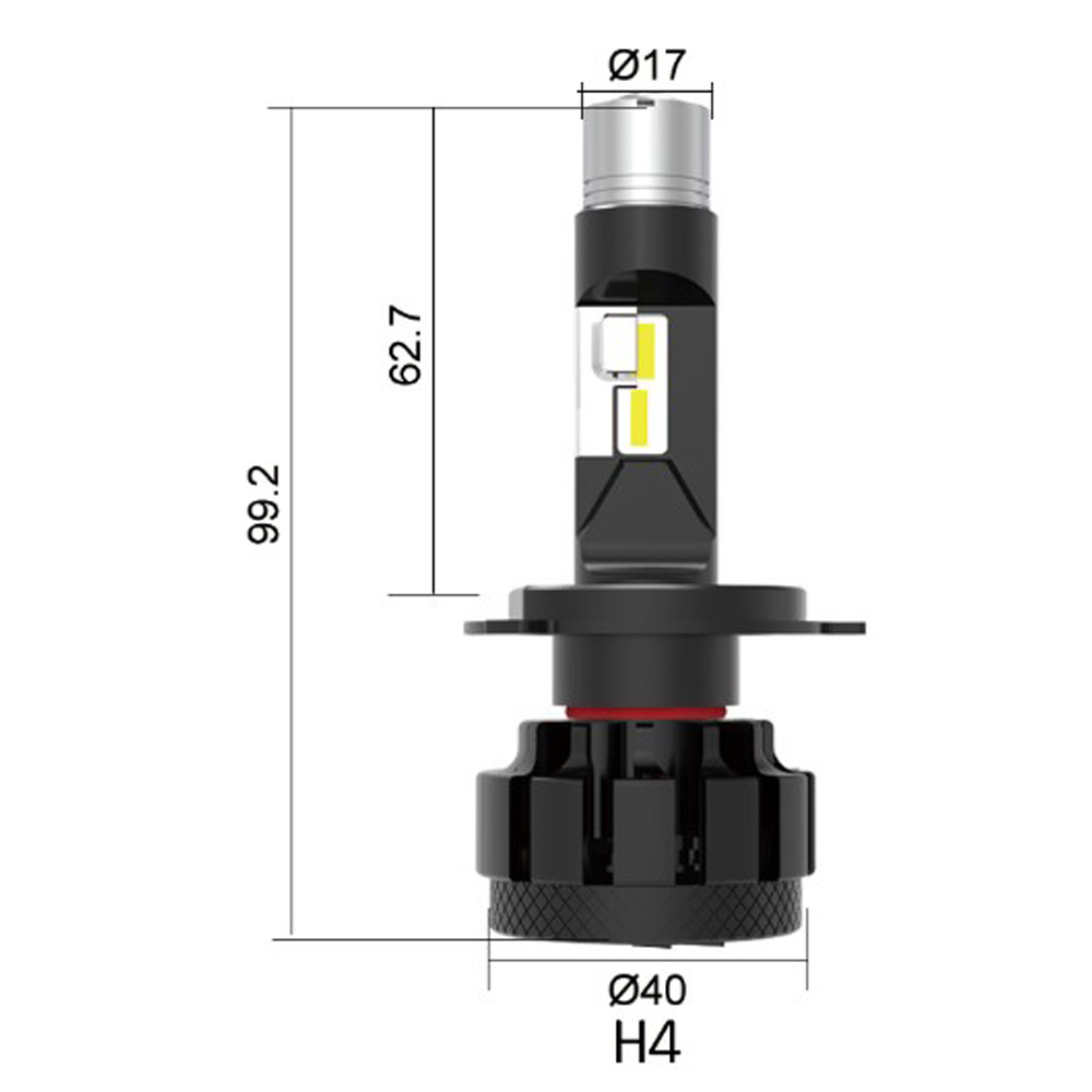 MODEL WATTAGE VOLTAGE CURRENT SIZE(mm) LIGHT SOURCE EFFECTIVE LUMEN  LIGHTING DISTANCE HM-V2-H4 L:17W              H:31W 12/24 L:1.4/0.7 H:2.6/1.3 40*40*99.2 OSRAM CHIPS 3000 LM/pair 1LUX＠450M/pair